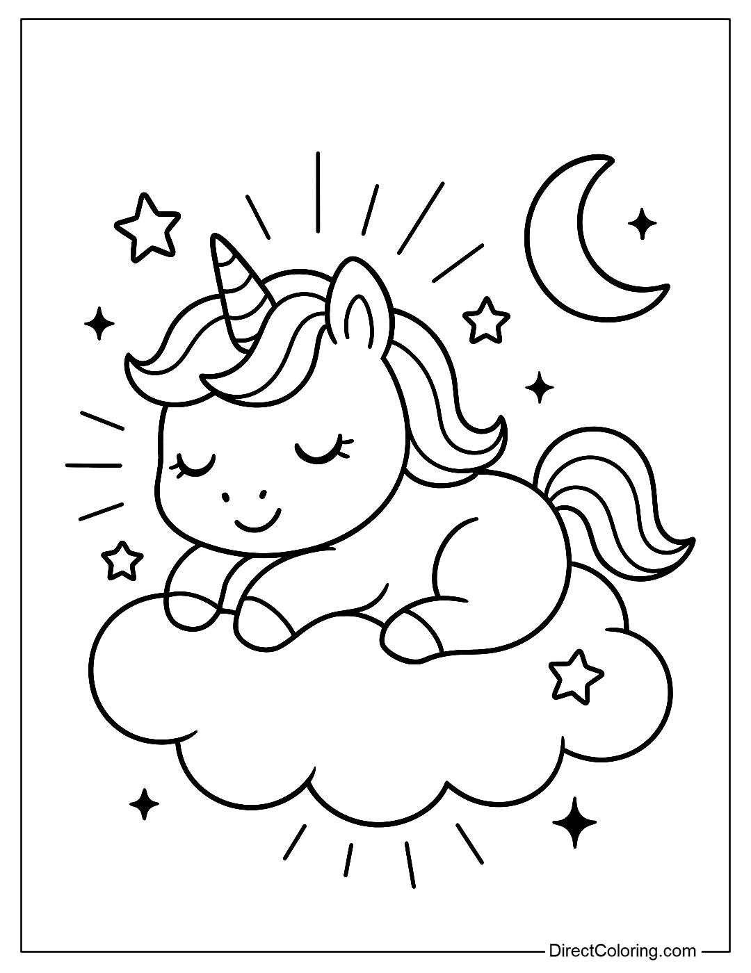 a Coloring Page A unicorn resting on a soft cloud, surrounded by stars, moon and sparkling rays of light